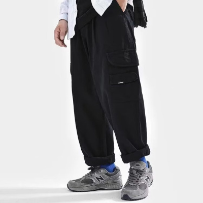 宽松工装裤男直筒纯色日系时尚潮流复古大口袋卡其休闲裤