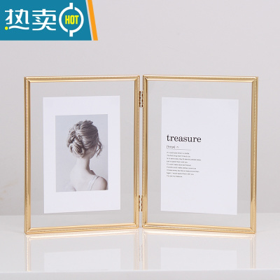 敬平欧式摆台相框折叠连体双面透明6寸7寸8寸10寸金属照片框玻璃摆件 金色竖款 A4[亚克力面]