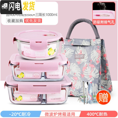 三维工匠上班族专用可微波炉加热玻璃饭盒冰箱分隔型带饭便当盒 莹润粉圆400+两隔长680+三隔长1000+经典火烈鸟包+