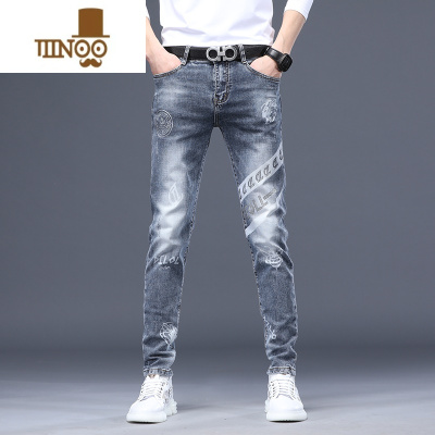 YANXU浅色牛仔裤男修身直筒高端印花休闲宽松痞帅潮牌弹力夏季薄款长裤