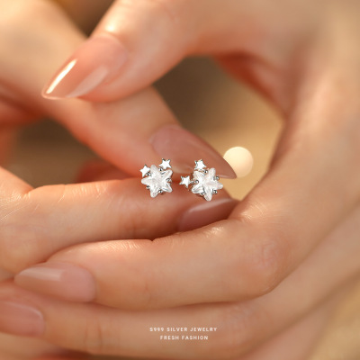 S999纯银闪锆星星耳钉女韩国高级感甜美小红书轻奢足银耳饰送女朋友老婆情人节七夕生日礼物