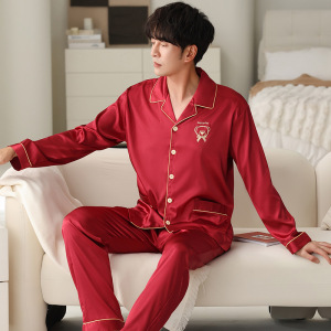 大红睡衣男士秋冬季冰丝长袖开衫翻领仿真丝青少年休闲家居服套装