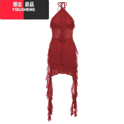 YIBUSHENG欧美辣妹风性感网纱镂空吊带连衣裙女露背显瘦设计感短裙子