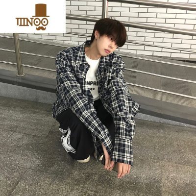 YANXU格子长袖衬衫男日系复古美式潮牌设计感小众宽松痞帅衬衣外套