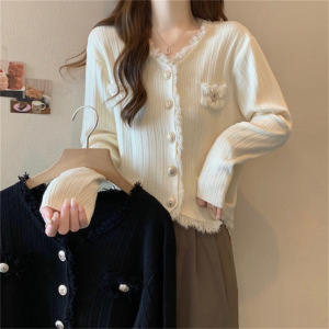 韩版秋冬新款法式小香风V领针织衫短款毛衣外搭开衫上衣女装外套