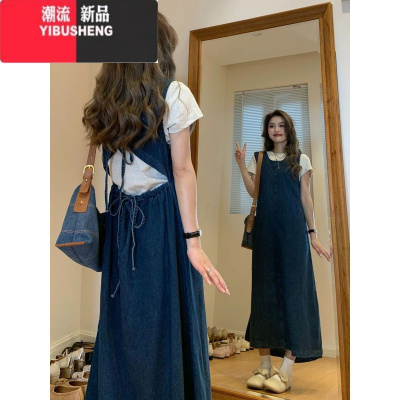 YIBUSHENG复古牛仔背心连衣裙女季新款小心机后背抽绳叠穿坎肩吊带长裙