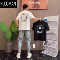 HLCOMAN夏季新款潮牌个性小熊彩绘印花短袖t恤男生潮流圆领半袖体恤