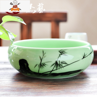 茶洗大号特大家用笔洗青花瓷陶瓷茶具配件洗茶碗茶道零配水盂水洗 [8寸茶洗]青瓷手绘墨竹 敬平