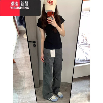 YIBUSHENG韩系黑色正肩圆领短袖t恤女2024新款季洋气独特别致收腰上衣服