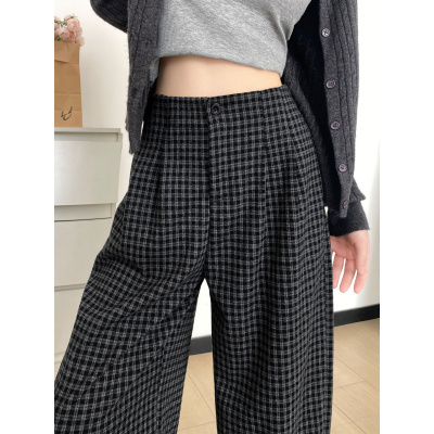 黑灰格子阔腿裤女新款秋季裤子宽松慵懒风垂感显瘦直筒休闲裤