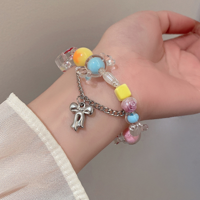 日韩糖果色甜美可爱风串珠手链女蝴蝶结手饰彩色个性小众设计首饰送女朋友老婆情人节七夕生日礼物