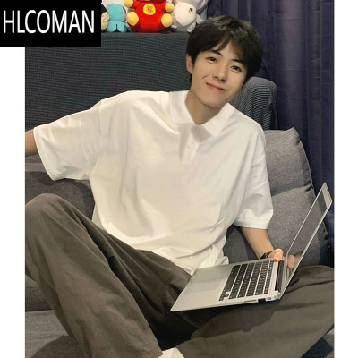 HLCOMAN日系男生短袖polo衫夏季少年感穿搭白色衬衫领t恤美式5分半袖