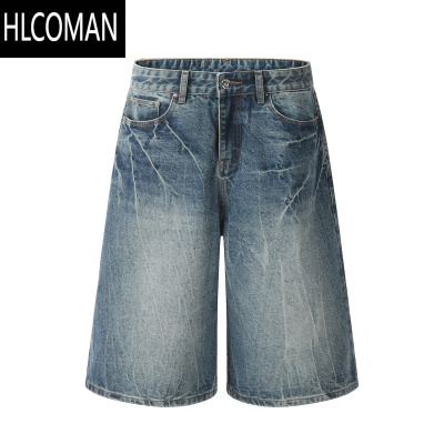 HLCOMAN白菜coke美式复古做旧蓝闪电牛仔短裤男宽松直筒阔腿七分裤垂坠感