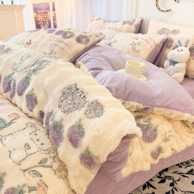冬季兔毛绒被套单件ins卡通牛奶珊瑚绒床单被罩三四件套单人加厚