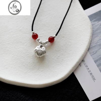 JiMi如意圆满 团寿安康 999足银长命锁国风中式吊坠银银玛瑙闺蜜项链