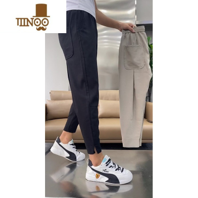 YANXU2023新款男裤夏季时尚潮流痞帅修身百搭休闲九分哈伦开衩裤男潮牌