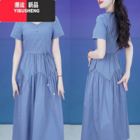 YIBUSHENG时尚大码短袖连衣裙女2024季新款气质收腰显瘦纯色休闲中长裙子