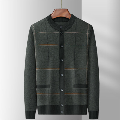 秋冬新款男士针织开衫毛衣加厚保暖单排扣针织中山装外套爸爸装_736