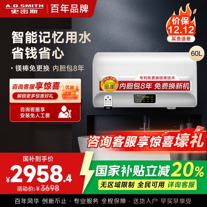 AO史密斯60升电热水器 专利免更换镁棒 金圭内胆 全隐藏安装 大屏触控 双驱速热节能 E60EDX 遥控预约