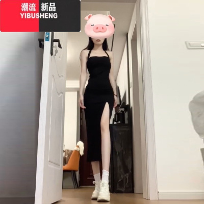YIBUSHENG性感辣妹抹胸开叉长裙女季2024新款纯欲风黑色挂脖吊带连衣裙子