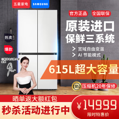 三星RF62DB9KHC01SC大容量 615L嵌入式三循环十字多门冰箱 AI节能 触摸开门 青锦灰