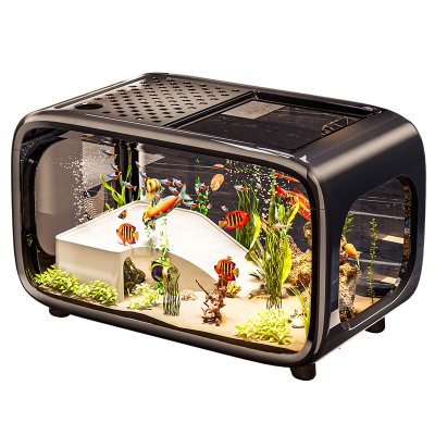 创意鱼缸家用轻奢带盖新款造景生态缸批发高透防摔桌面小型水族箱
