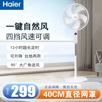 海尔(Haier)落地扇电风扇家用风扇落地扇立式轻音节能40CM大直径大风量4档定时落地扇 HFS-Y4046A 遥控款