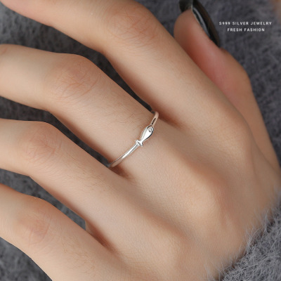 简约锦鲤小鱼戒指女s999纯银时尚百搭森系小清新开口足银韩版手饰送女朋友老婆情人节七夕生日礼物