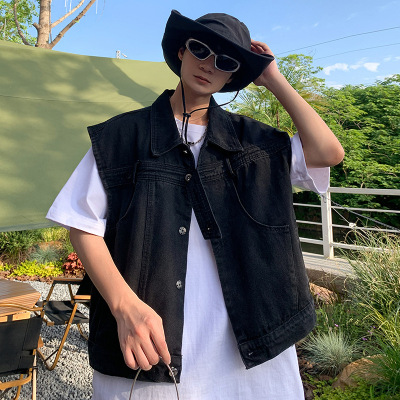 男装夏季新款潮牌牛仔马甲男小众设计感坎肩无袖背心百搭翻领外套