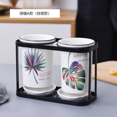 北欧陶瓷筷子筒家用厨房置物架筷子篓平放沥水筷子笼筷勺子收纳盒 敬平 绿植A款(壁挂款)筷笼