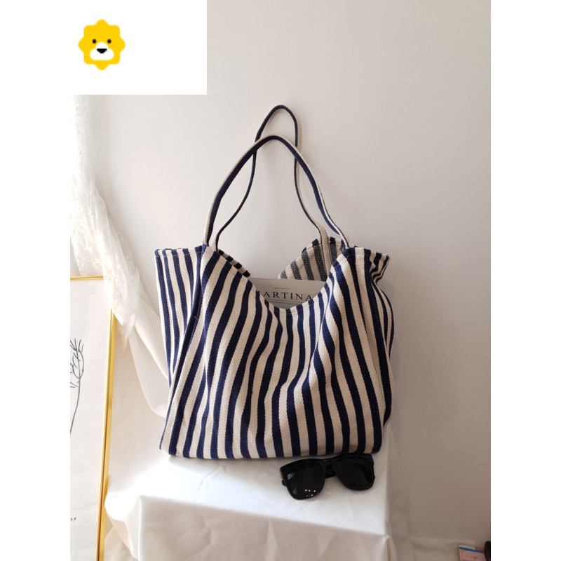 fenghou帆布包女简约大容量条纹单肩包日韩chic慵懒风文艺小清新购物