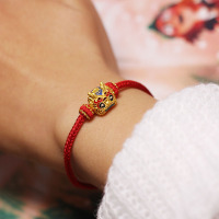 原创银饰手串手绳纯银镀金复古本命年转运编织红绳手链麒麟瑞兽送女朋友老婆情人节七夕生日礼物