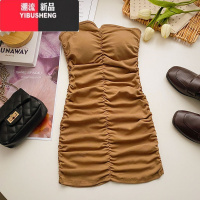 YIBUSHENG性感皱褶带胸垫抹胸背心女2023年季韩版遮肉收腰A字黑色连衣裙