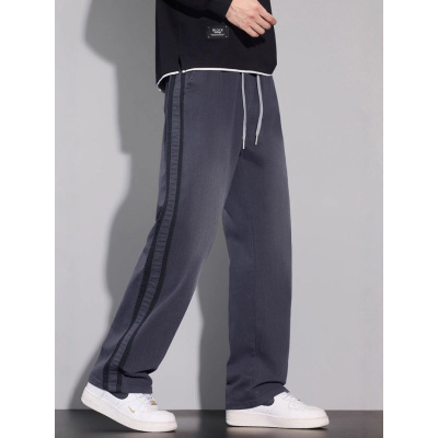 |早秋季男士直筒裤复古水洗磨白仿牛织带松紧腰阔腿宽松裤