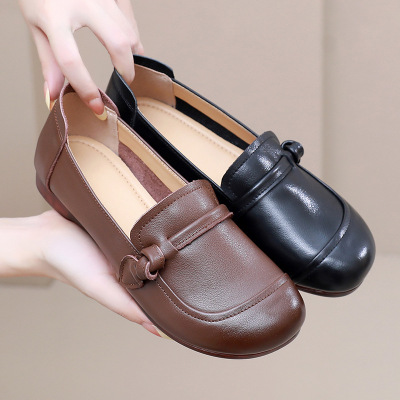 真皮粗跟深口复古女单鞋圆头软底四季一脚蹬低跟单鞋25休闲妈妈鞋