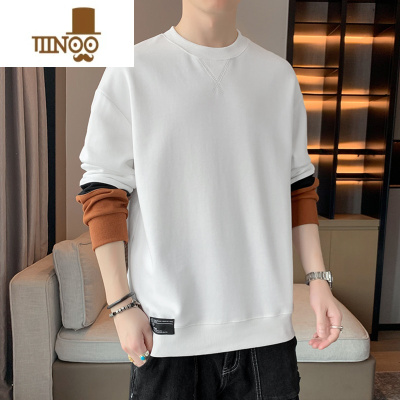 YANXU男士拼接撞色休闲卫衣圆领长袖T恤男生新款百搭时尚上衣服