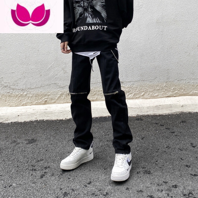 七斓非潮勿近高街美式膝盖破洞拉链牛仔裤潮牌设计感嘻哈炸街裤子男