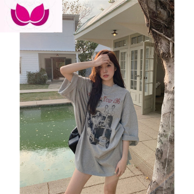 七斓美式复古印花短袖T恤女圆领宽松中长款下衣失踪上衣