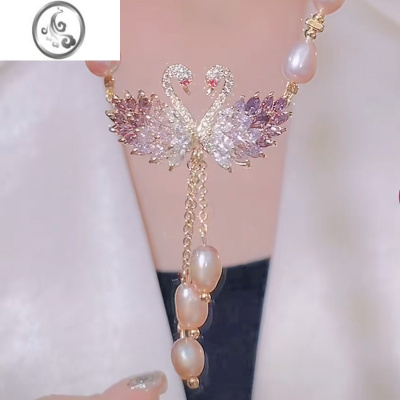 JiMi紫红色锆石双天鹅项链2023新款网红渐变珍珠锁骨链高级感小众轻奢