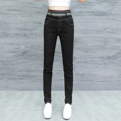 迪鲁奥(DILUAO)新款女装涂层牛仔布裤女春秋2021新款修身韩版高腰显瘦弹力松紧腰常规裤女士裤子潮