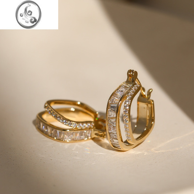 JiMi2023年新款港风轻奢超闪锆石几何方形高级感耳环设计感气质耳圈女