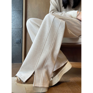 羊毛人字纹窄版阔腿裤女秋冬加绒毛呢开叉裤子胖mm垂感直筒正装裤