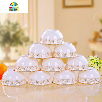 景德镇欧式金边陶瓷碗米饭碗10个套装家用组合面碗微波炉专用碗 FENGHOU 4.5寸[高脚碗]10个百合花