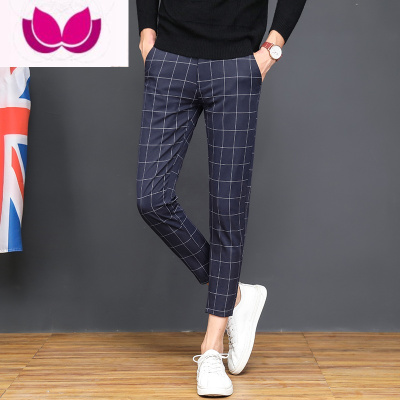 七斓格子男九分裤修身男士英伦裤子男生秋季小西裤9分休闲裤韩版潮流