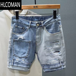 HLCOMAN欧洲站夏季牛仔短裤破洞休闲百搭五分裤潮流个性撞色拼接5分裤男