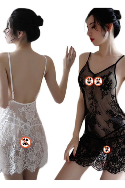 女士情趣内衣蕾丝透视露背吊带连衣裙女式情趣睡衣睡裙破洞开档免脱丁字内裤套装学生性感全透明诱惑薄款露毛长夜漫漫成人女性用品