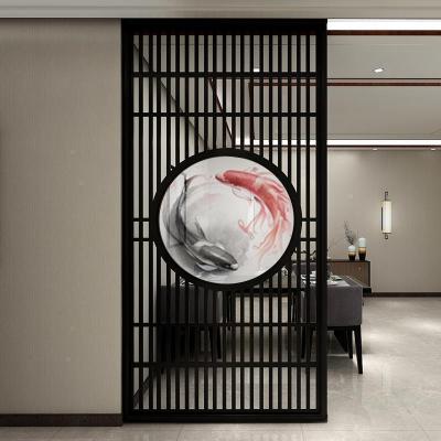 新中式屏风隔断客厅入户北欧栅栏轻奢风屏风实木镂空半透纱画座屏 定制110*180cm胡桃木 整装
