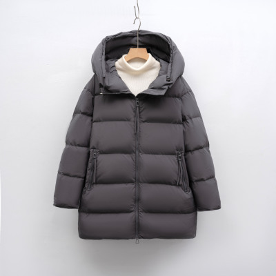 白鸭绒纯色简约连帽羽绒服女宽松新款冬中长款加厚外套潮