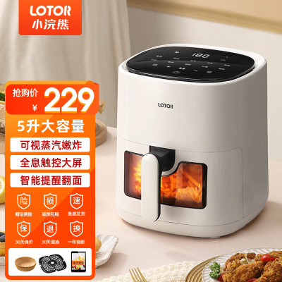 LOTOR浣熊空气炸锅可视不用翻面家用大容量电炸锅小型多功能无油炸锅薯条机5L 米白色可视智能款 5L