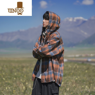 YANXU格子衬衫男长袖秋季新款日系复古潮牌宽松休闲感连帽衬衣外套